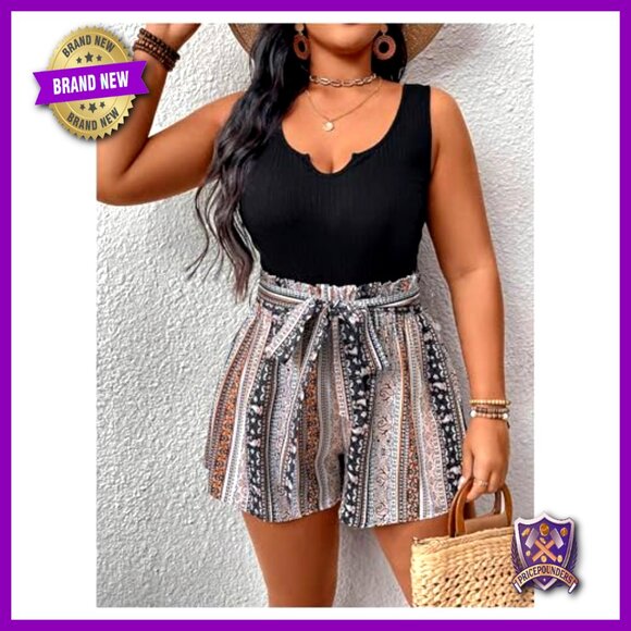 Plus Size Tribal Print Short Jumpsuit Sleeveless V Neck Romper with Belt - Picture 3 of 5